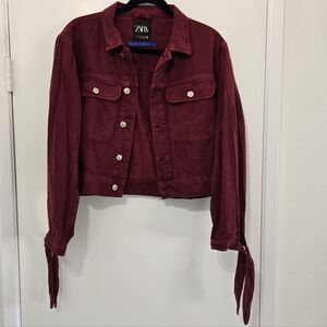 ZARA 80’s Collection Cropped Y2K Pleated Shoulder Jacket Corduroy Burgundy Sz M